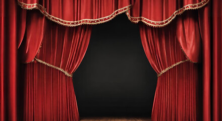 Red curtain opera, cinema or theater stage drapes. Spotlight on closed velvet curtains background, Red theater curtain with spotlights background 