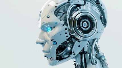 Fototapeta premium A 3D rendering of an AI robot head with blue eyes and a digital graphic brain engine, isolated on a white background. Generative AI