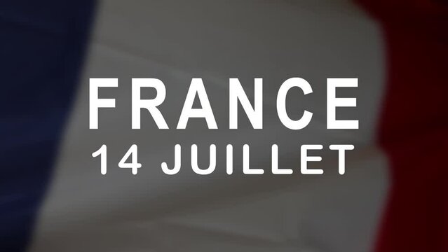 Happy Bastille Day Lettering Text Animation. Handwritten text animated with firework ornament in white color on the waving French flag background. Great for Celebrations of French society