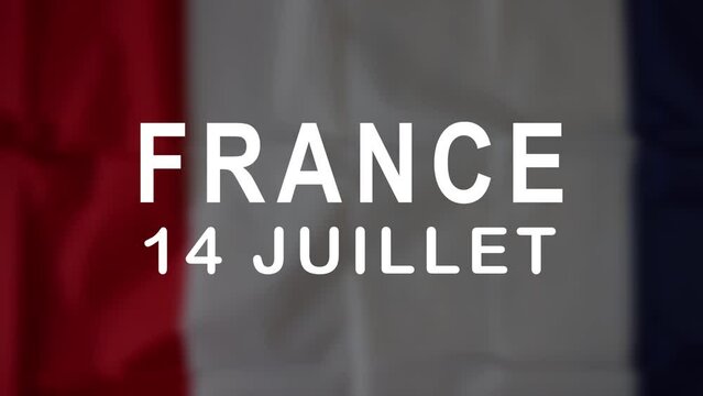 Happy Bastille Day Lettering Text Animation. Handwritten text animated with firework ornament in white color on the waving French flag background. Great for Celebrations of French society