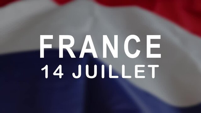 Happy Bastille Day Lettering Text Animation. Handwritten text animated with firework ornament in white color on the waving French flag background. Great for Celebrations of French society