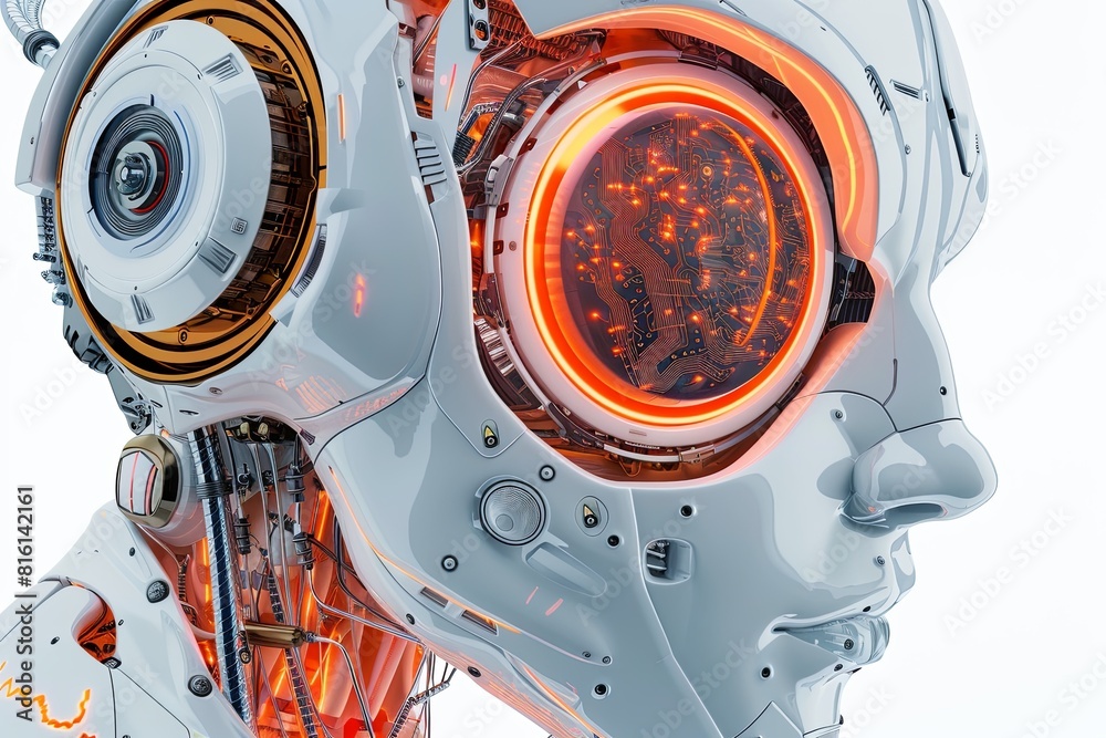Fototapete a 3d rendering of a robot head with orange eyes and a digital graphic brain engine inside, isolated 