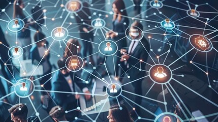 The image shows a group of people in a busy city street with lines and dots connecting them, representing a social network.