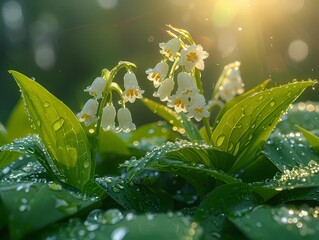 Lily of the valley and dew on an early summer morning.