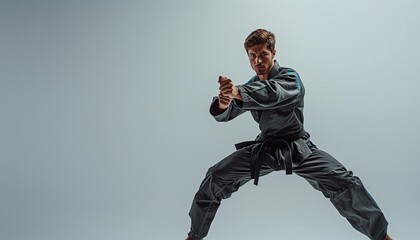 Martial artist in black gi doing a kata
