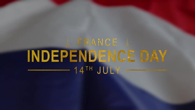 Happy Bastille Day Lettering Text Animation in gold color on france flag Background. Great for Celebrations, Ceremonies, Festivals, greetings in 4K. 