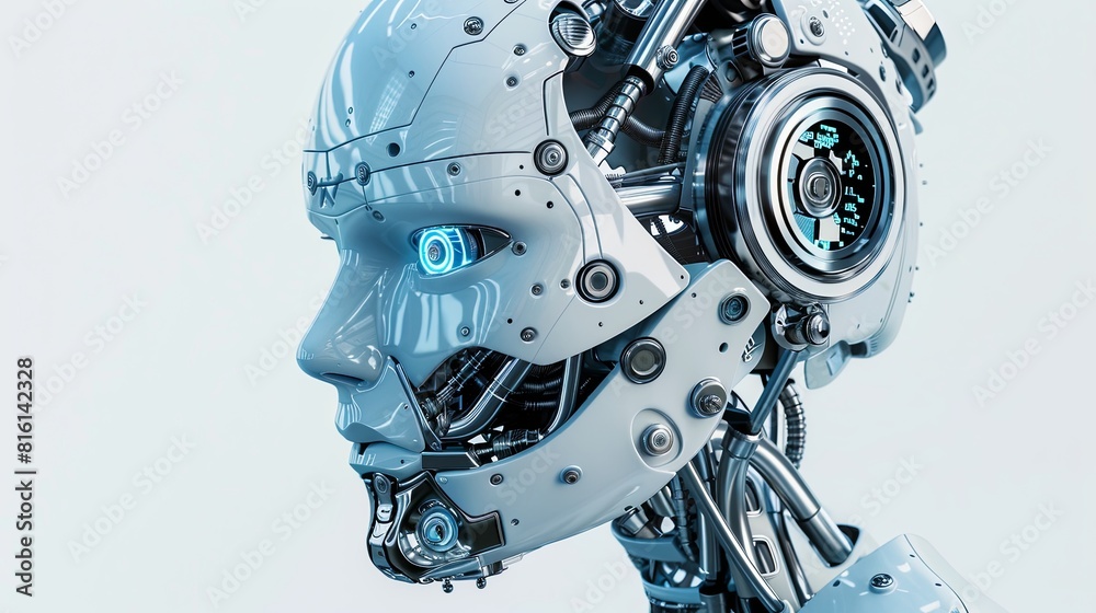 Leinwandbilder close-up view of a robot head with glowing blue eyes, showcasing ai technology and digital brain eng