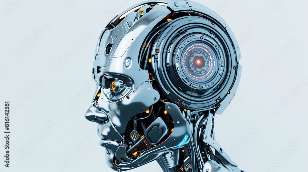 Aufkleber A 3D rendering of an AI robot head with a metal skull and a digital graphic brain engine, isolated on a white background. Generative AI