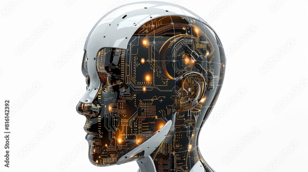 Leinwandbilder the head of an ai robot with intricate circuitry on a white background, featuring a digital graphic 