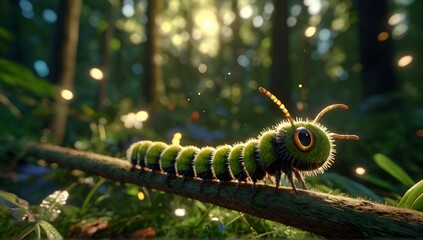 The most realistic beautiful little hairy big-eyed caterpillar in a mystical forest. Pretty little butterflies and bright fireflies perfect clarity. Unreal Engine photorealistic high definition 8K res