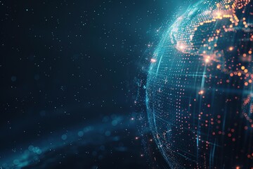 Abstract digital planet Earth made of glowing dots on a dark blue background