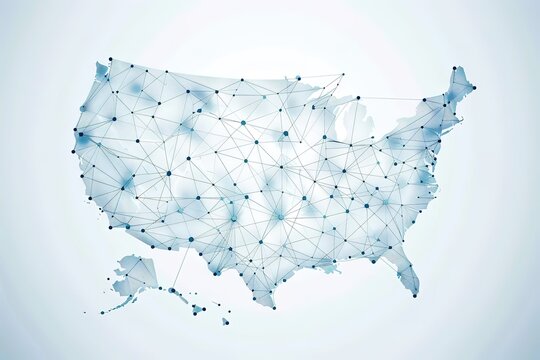 Abstract polygonal map of the United States, with connected dots and lines