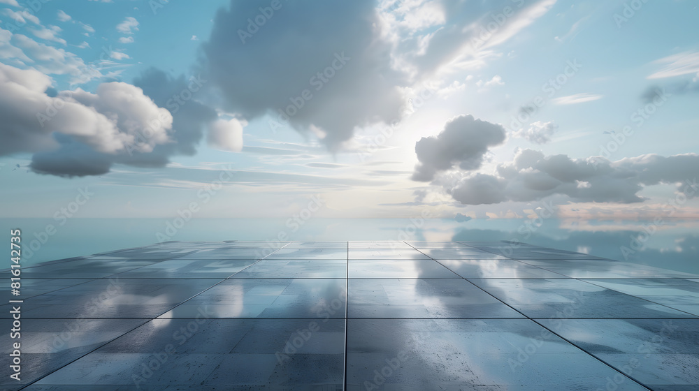 Poster empty square floor and lake with sky cloud landscape : generative ai
