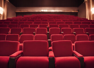 A cinema hall with red chairs and a lit up screen, Empty red theatre seats with descending circles of light and shadows