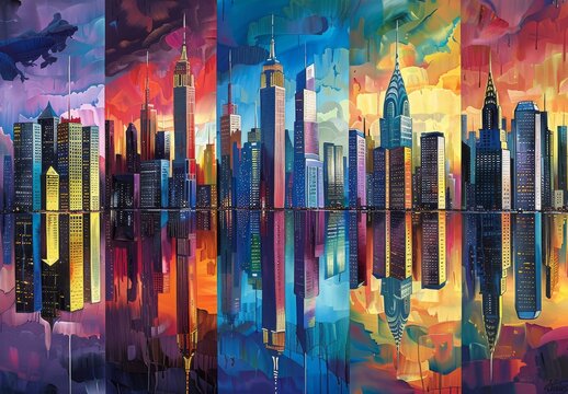 Iconic skylines captured through paintings of famous cities worldwide, highlighting landmarks, skyscrapers, and unique architecture like New York, Paris, Tokyo, and Dubai.