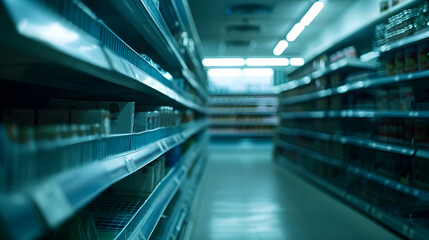 Fototapeta premium Empty shelves at a supermarket due to stockpiling during the coronavirus pandemic : Generative AI