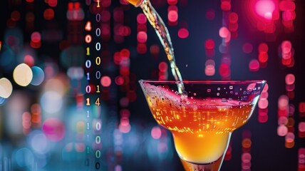 futuristic cocktail with digital data patterns illuminating the drink, blending technology and mixology