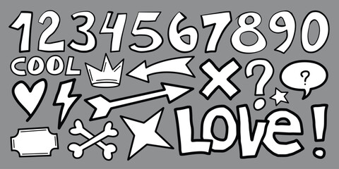 A set of doodles. Hand-drawn cute cartoon pencil sketches of decorative icons. Vector illustration.