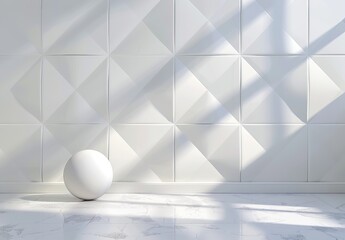 A single 3D sphere sits in a geometrically patterned white room, ideal for abstract and minimalist background wallpaper