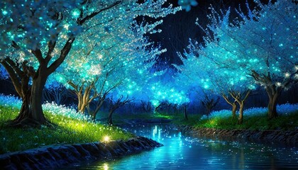 春の季節が訪れる、青い光、幻想的で美しく表現、桜が咲く　Generated by AI