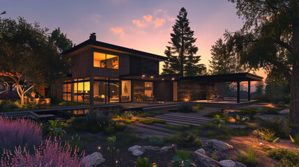 Modern farm house on 5 acres in the pacific northwest during a summer sunset