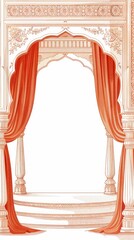 indian wedding arch illustration with red curtains and architecture, traditional backdrop design for asian wedding card invitations