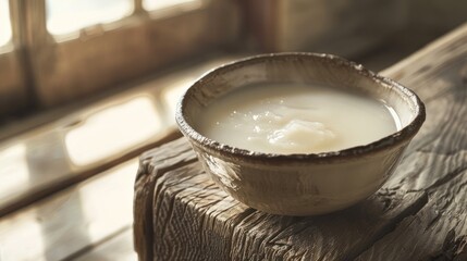 Indian ghee in ceramic bowl, clarified butter in rustic setting on wooden plank