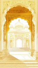 illustration of elegant golden indian wedding arch for invitations and greeting cards, traditional backdrop design with architecture