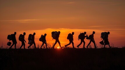 Fototapeta premium silhouettes of refugees walking single file with bags and belongings, immigration and humanitarian crisis