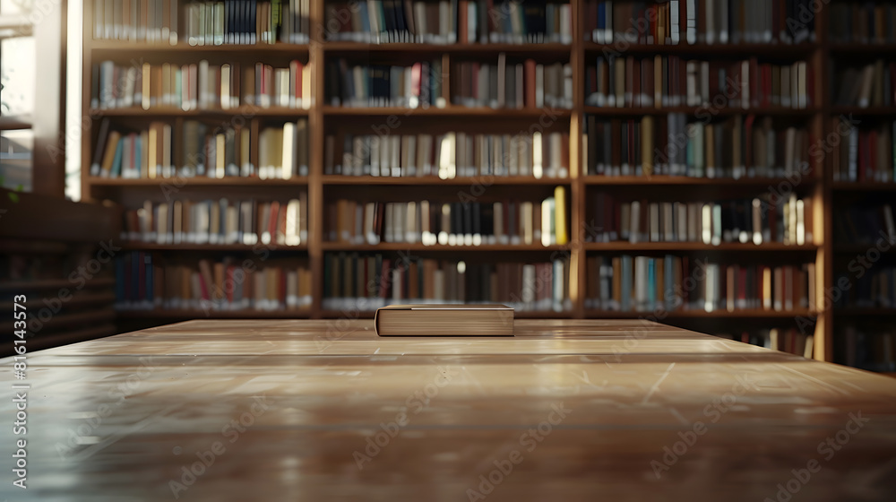 Aufkleber empty wooden desk space platform with library background for product display montage education conce
