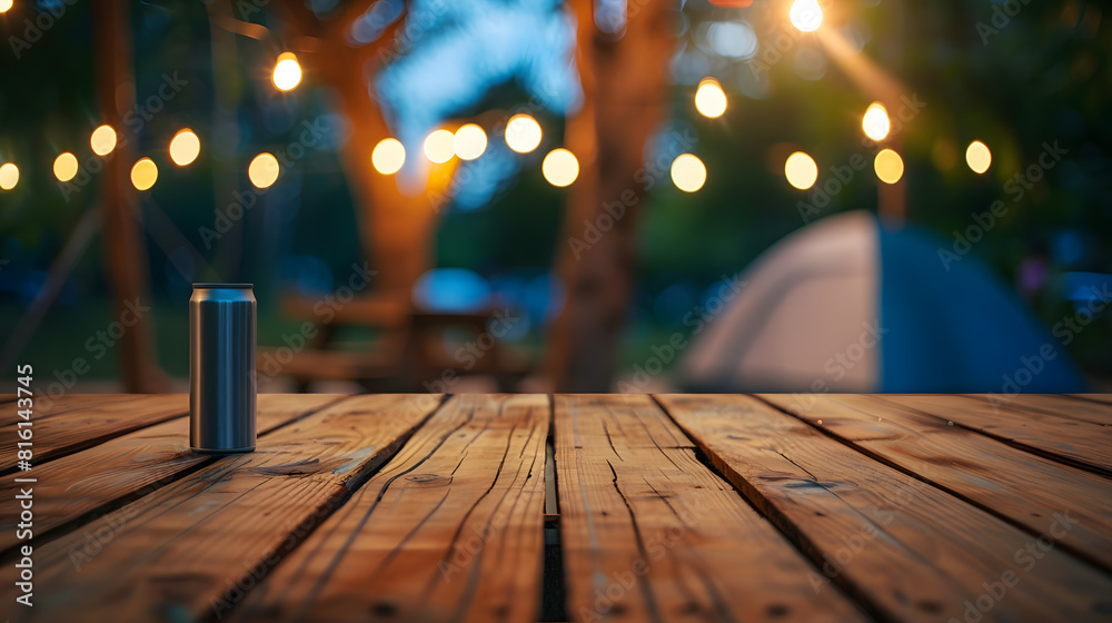 Poster wooden table top on blur tent camping travel tent at nightdrink and party conceptfor montage product