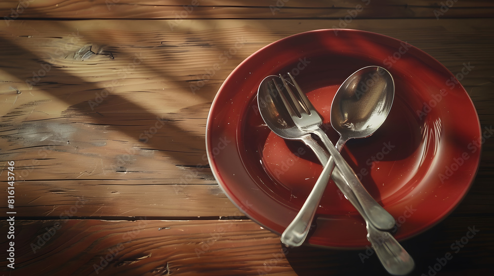 Poster Empty plate with spoon and fork on wooden background : Generative AI