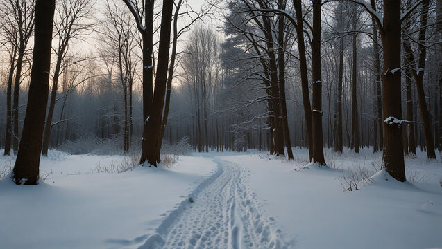 snow-covered path in a dense forest. The trees are bare