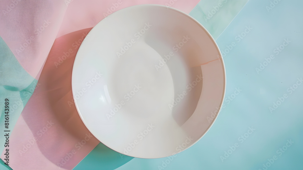 Leinwandbilder Top view on colored background empty round white plate on tablecloth for food Empty dish on napkin with space for your design : Generative AI
