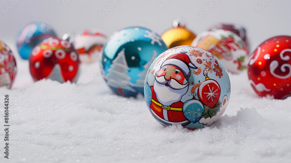 Poster group of colorful christmas ball with drawing of santa claus and trees on a white snow background : 
