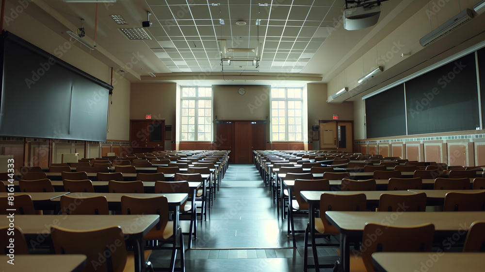 Poster Wide angle shot of a university classroom with rows of chairs and desks : Generative AI