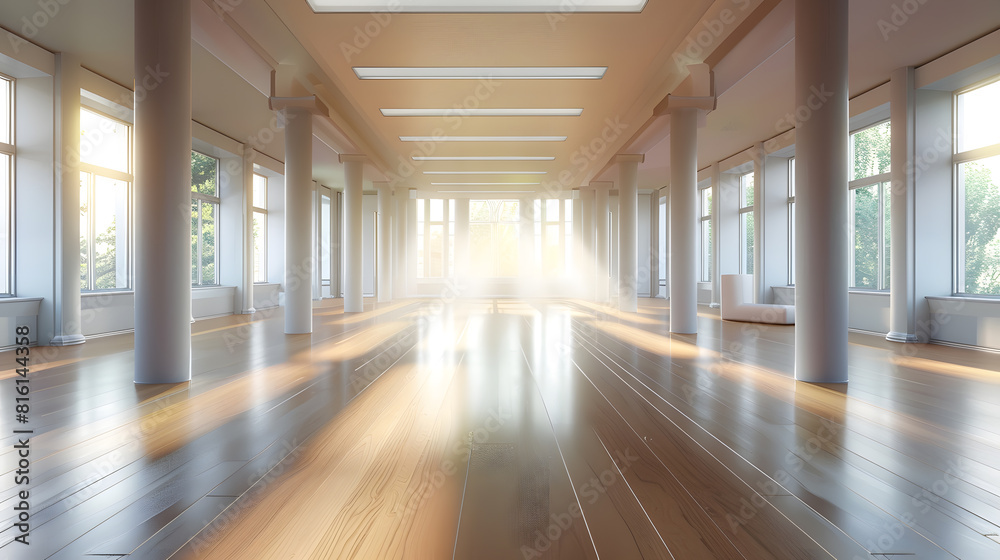 Poster a spacious empty hall with columns and large windows a gym with wooden floors for yoga and fitness c