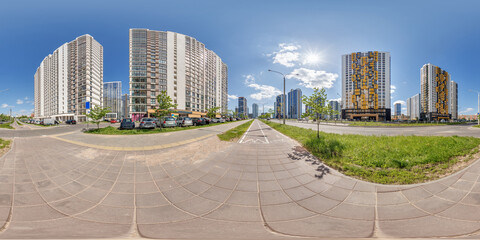 hdri 360 panorama near skyscraper multistory buildings of residential quarter complex in full equirectangular seamless spherical projection © hiv360