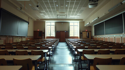 Wide angle shot of a university classroom with rows of chairs and desks : Generative AI