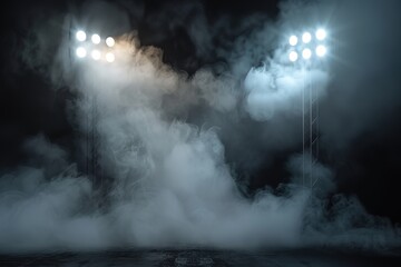 Dark background filled with smoke and stadium lights. Smoke on the left side of the frame with smoke filling the space around a stadium light on the right side