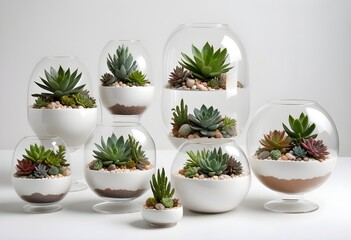 Sophisticated glass terrariums and premium porcelain planters brimming with a carefully curated assortment of flourishing succulents, cacti, and lush tropical plants, elegantly arranged on a pristine 