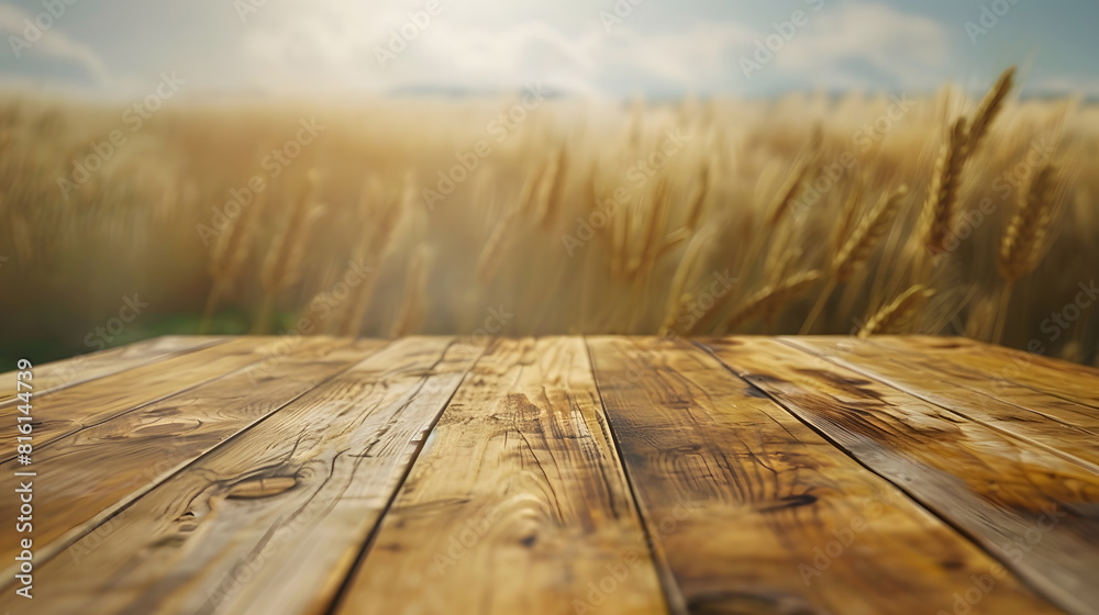 Poster The empty wooden table top with blur background of wheat farm Exuberant image : Generative AI