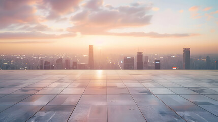 Empty square floor with city skyline at sunset : Generative AI