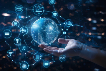 A hand is holding a globe with icons around it