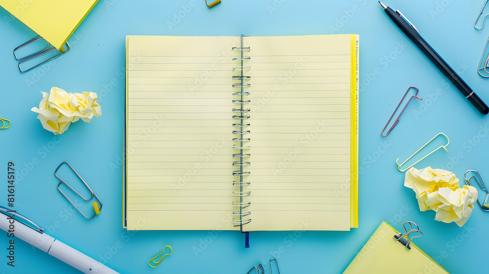 Aufkleber Yellow blank sticky notes on top of empty notebook and isolated on blue background with other objects like pen paper clip binder clip crumpled paper Open notepad with office supplies : Generative AI