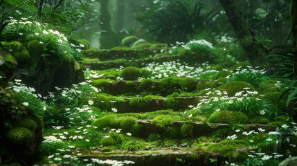 A lush green forest with a stone staircase leading up to a hill. The flowers are white and the moss is green. Concept of tranquility and serenity, as if one is entering a peaceful