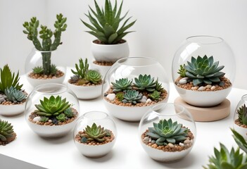 Sophisticated glass terrariums and premium porcelain planters brimming with a carefully curated assortment of flourishing succulents, cacti, and lush tropical plants, elegantly arranged on a pristine 