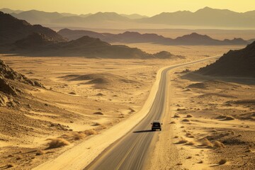 Fototapeta na wymiar Car travels a winding road amidst desert dunes and mountain backdrop bathed in golden sunset light