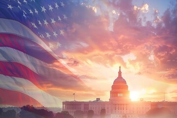 us capitol building with american flag in front at sunset, beautiful sky