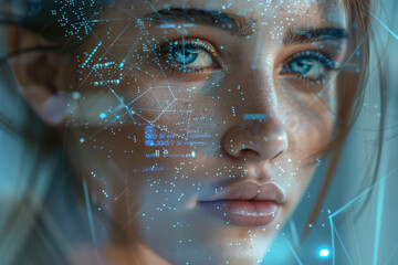 A close up of a woman 's face with numbers on it